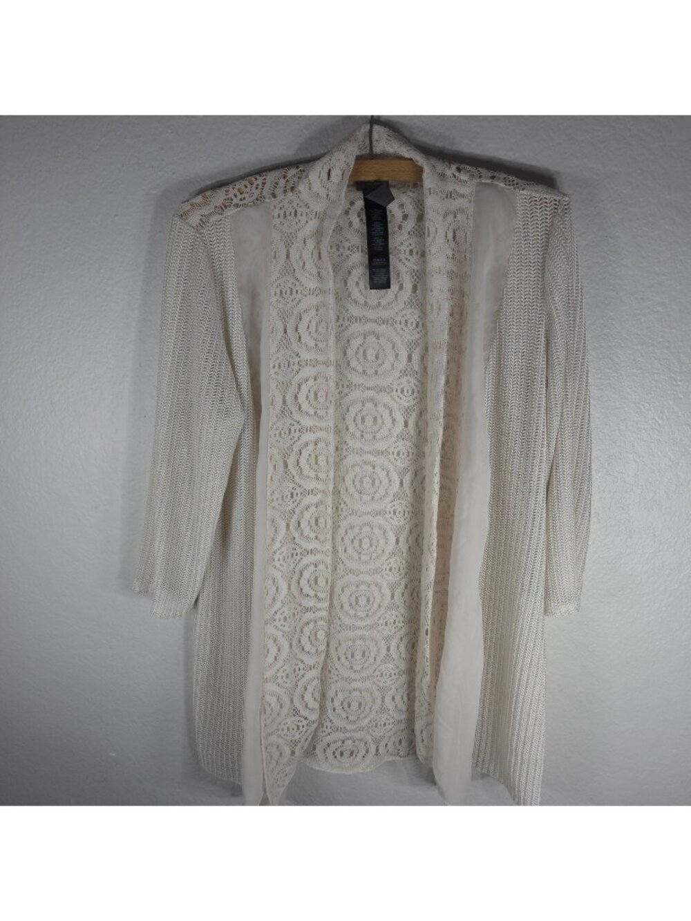 Chico's Travelers Lace Semi Sheer Open Front Cardigan 3/4 Sleeve Cream Size 1